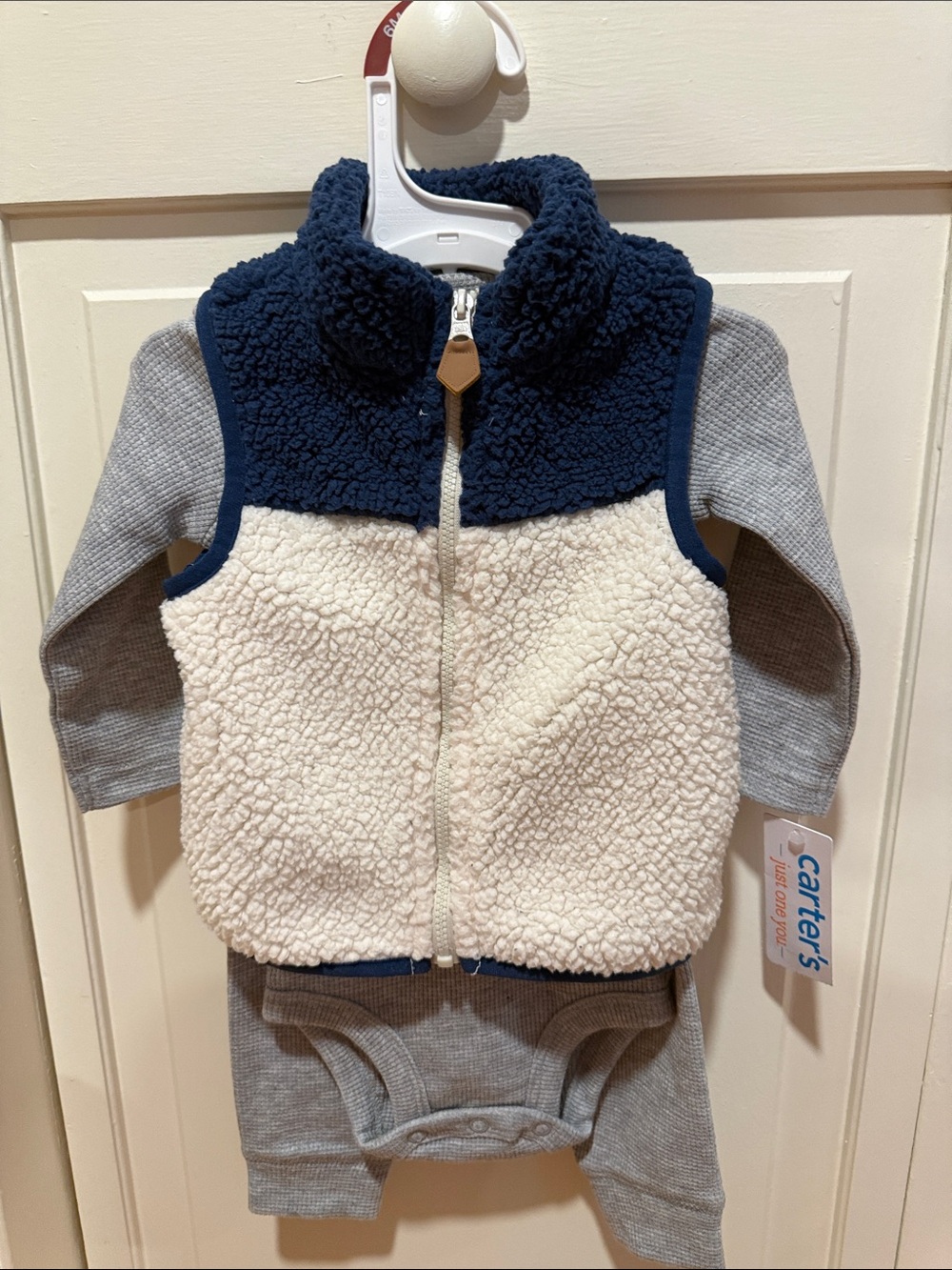 Carter's Navy Gray Cream Sherpa Zip Vest with  Long Sleeve onesie with pants 6m
